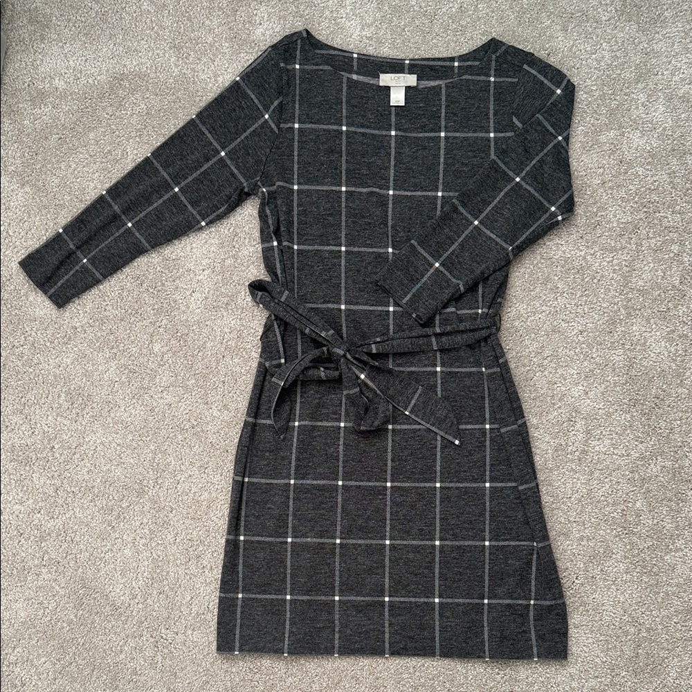 LOFT Charcoal Checkered Long Sleeve Dress